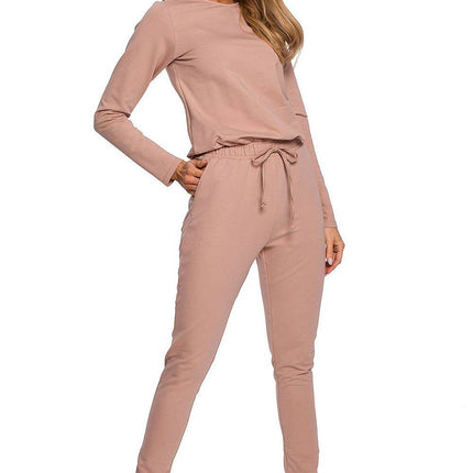 Fitted Knit Cotton Jumpsuit with Long Sleeves, Elastic Waistband - MimiStylez
