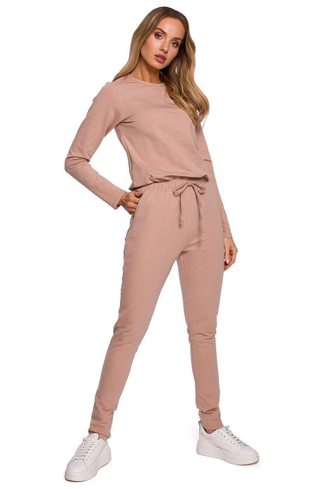 Fitted Knit Cotton Jumpsuit with Long Sleeves, Elastic Waistband - MimiStylez