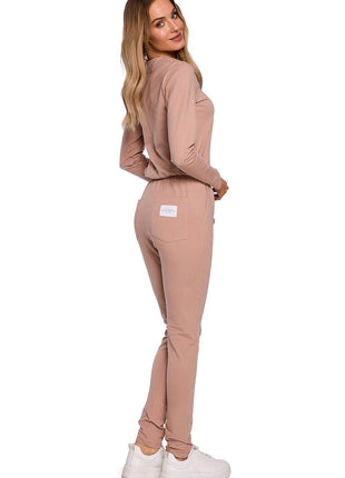 Fitted Knit Cotton Jumpsuit with Long Sleeves, Elastic Waistband - MimiStylez