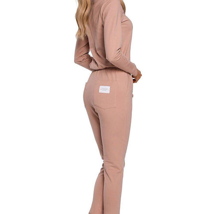 Fitted Knit Cotton Jumpsuit with Long Sleeves, Elastic Waistband - MimiStylez