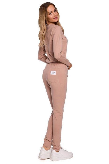 Fitted Knit Cotton Jumpsuit with Long Sleeves, Elastic Waistband - MimiStylez