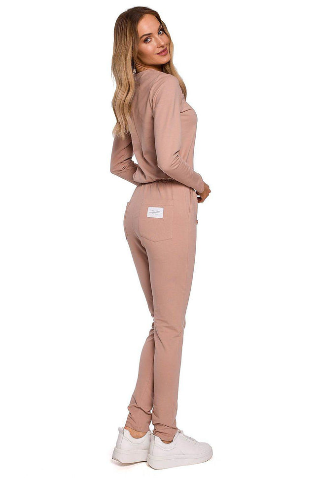 Fitted Knit Cotton Jumpsuit with Long Sleeves, Elastic Waistband - MimiStylez