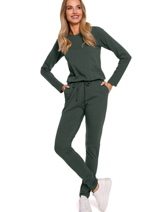Fitted Knit Cotton Jumpsuit with Long Sleeves, Elastic Waistband - MimiStylez