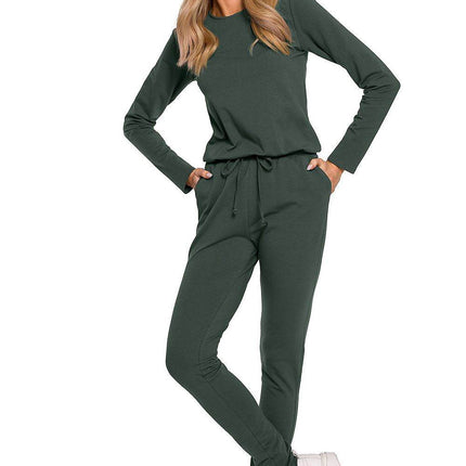 Fitted Knit Cotton Jumpsuit with Long Sleeves, Elastic Waistband - MimiStylez