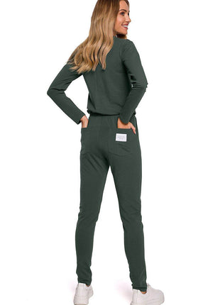 Fitted Knit Cotton Jumpsuit with Long Sleeves, Elastic Waistband - MimiStylez