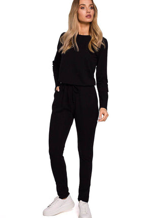 Fitted Knit Cotton Jumpsuit with Long Sleeves, Elastic Waistband - MimiStylez