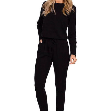 Fitted Knit Cotton Jumpsuit with Long Sleeves, Elastic Waistband - MimiStylez