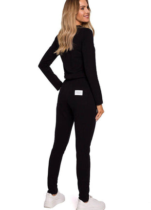 Fitted Knit Cotton Jumpsuit with Long Sleeves, Elastic Waistband - MimiStylez