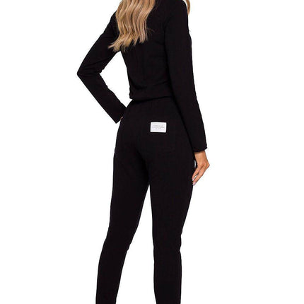 Fitted Knit Cotton Jumpsuit with Long Sleeves, Elastic Waistband - MimiStylez