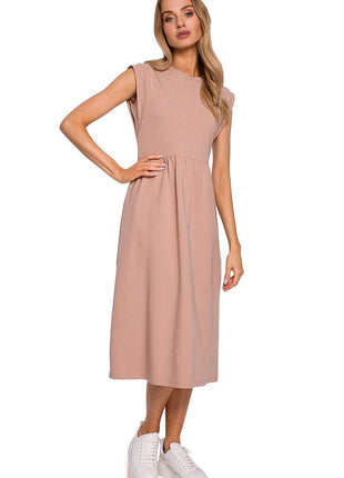 Knitted Cotton Midi Dress with High Waist and Short Sleeves - MimiStylez