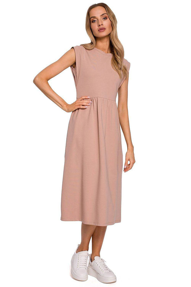 Knitted Cotton Midi Dress with High Waist and Short Sleeves - MimiStylez