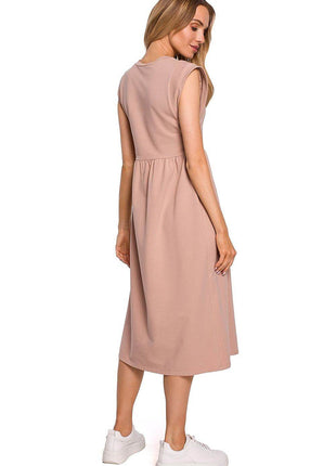 Knitted Cotton Midi Dress with High Waist and Short Sleeves - MimiStylez