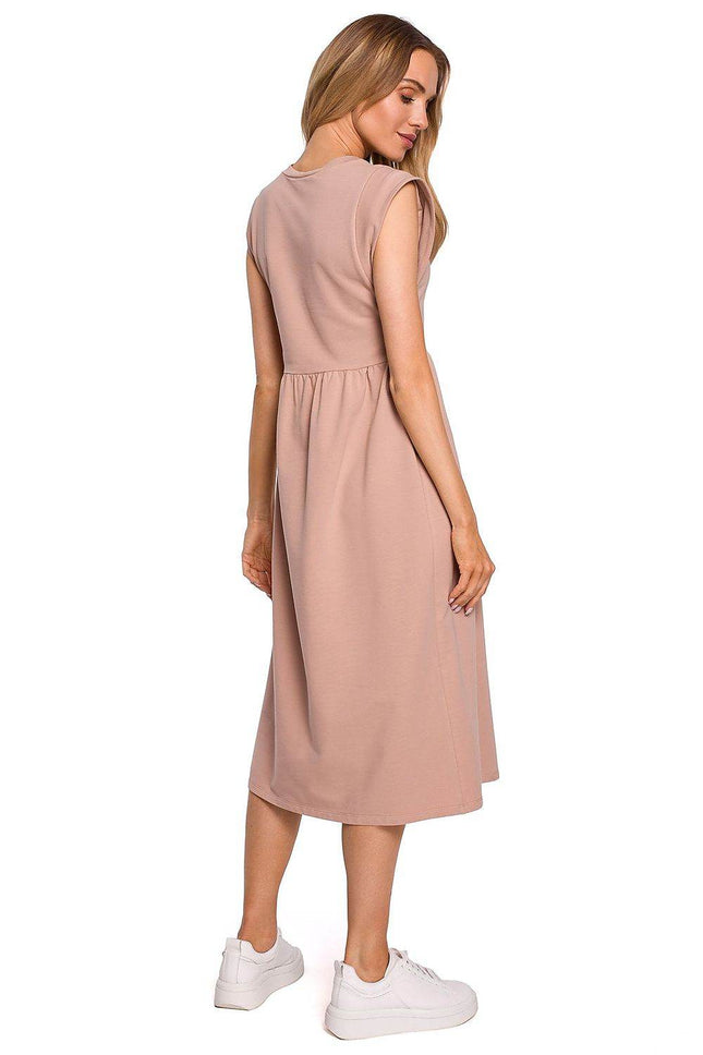 Knitted Cotton Midi Dress with High Waist and Short Sleeves - MimiStylez
