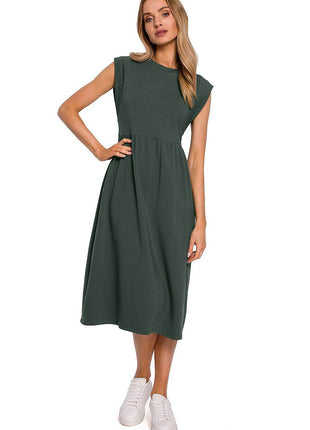 Knitted Cotton Midi Dress with High Waist and Short Sleeves - MimiStylez
