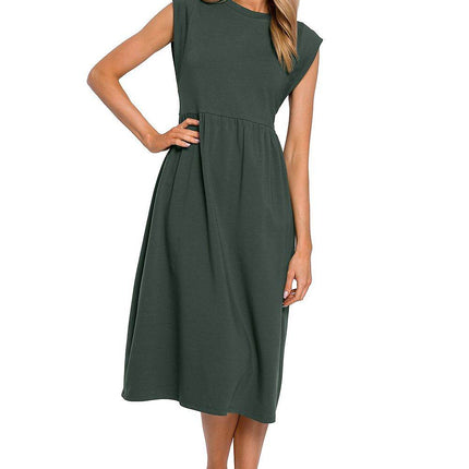Knitted Cotton Midi Dress with High Waist and Short Sleeves - MimiStylez