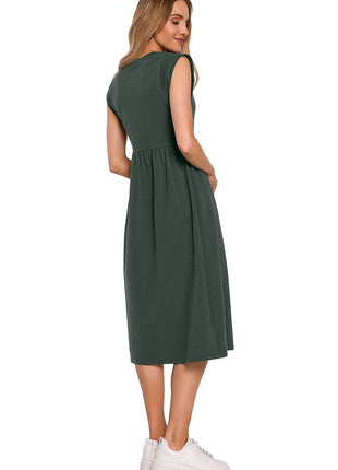 Knitted Cotton Midi Dress with High Waist and Short Sleeves - MimiStylez