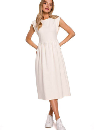 Knitted Cotton Midi Dress with High Waist and Short Sleeves - MimiStylez