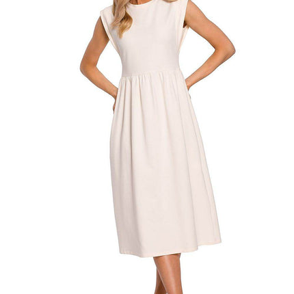 Knitted Cotton Midi Dress with High Waist and Short Sleeves - MimiStylez