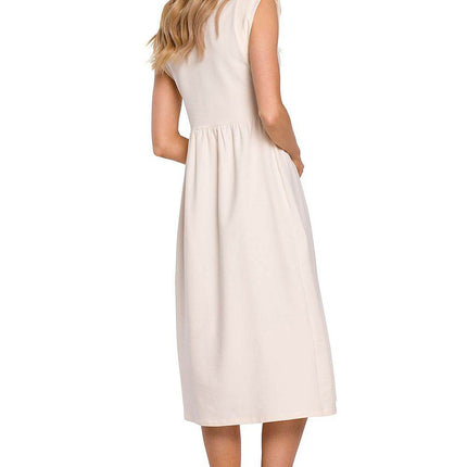 Knitted Cotton Midi Dress with High Waist and Short Sleeves - MimiStylez