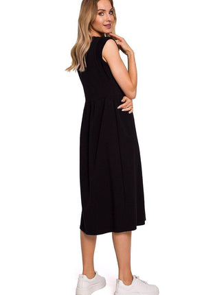 Knitted Cotton Midi Dress with High Waist and Short Sleeves - MimiStylez