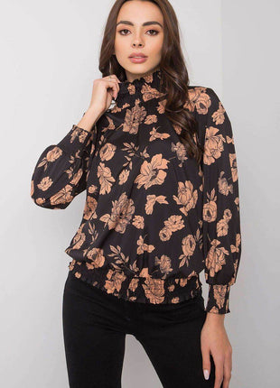 Floral Long Sleeve Blouse in Black and Camel - MimiStylez