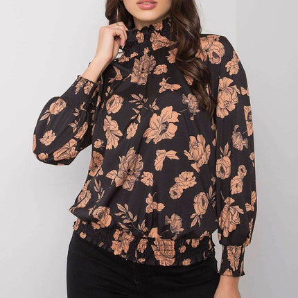Floral Long Sleeve Blouse in Black and Camel - MimiStylez