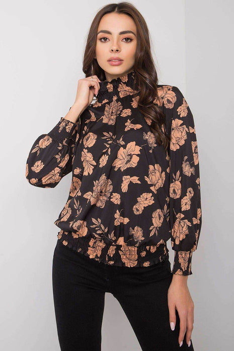 Floral Long Sleeve Blouse in Black and Camel - MimiStylez