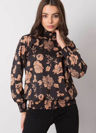 Floral Long Sleeve Blouse in Black and Camel - MimiStylez