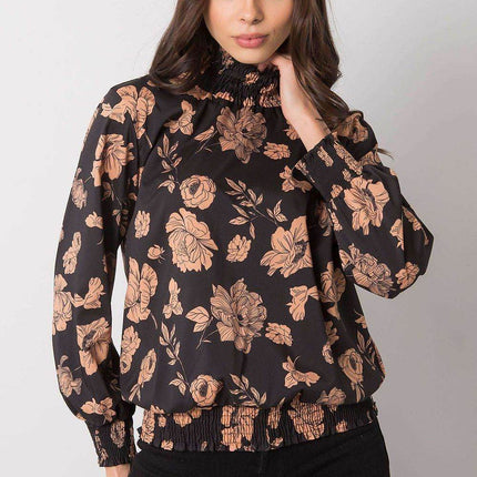Floral Long Sleeve Blouse in Black and Camel - MimiStylez