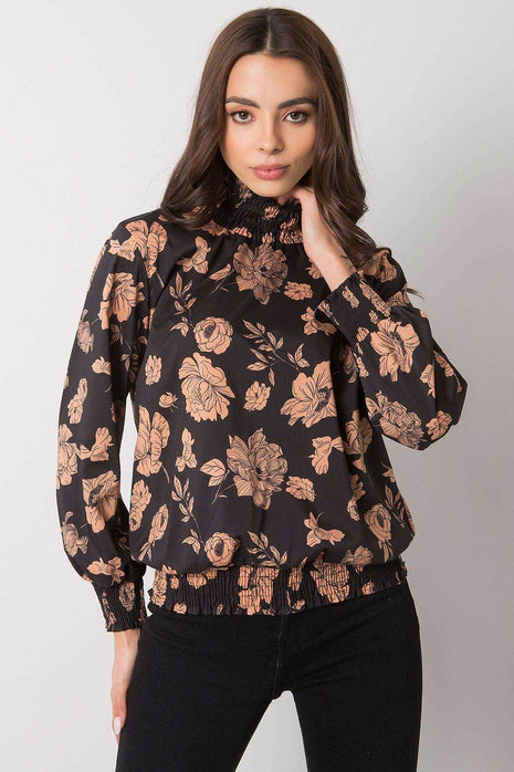 Floral Long Sleeve Blouse in Black and Camel - MimiStylez