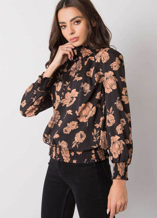 Floral Long Sleeve Blouse in Black and Camel - MimiStylez