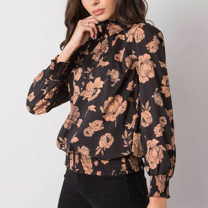 Floral Long Sleeve Blouse in Black and Camel - MimiStylez
