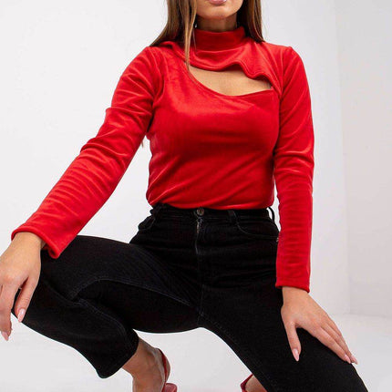 Velour Blouse with Stand-Up Collar and Front Cut-Out - MimiStylez