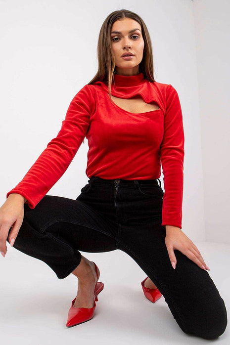 Velour Blouse with Stand-Up Collar and Front Cut-Out - MimiStylez