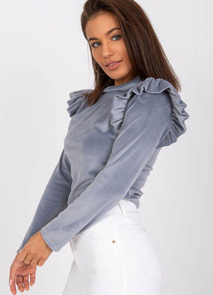 Velour Blouse with Stand-Up Collar and Frilled Shoulders - MimiStylez