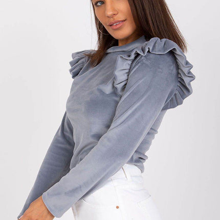 Velour Blouse with Stand-Up Collar and Frilled Shoulders - MimiStylez