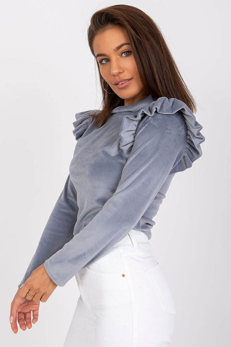 Velour Blouse with Stand-Up Collar and Frilled Shoulders - MimiStylez