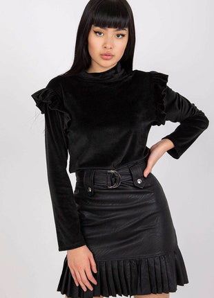 Velour Blouse with Stand-Up Collar and Frilled Shoulders - MimiStylez
