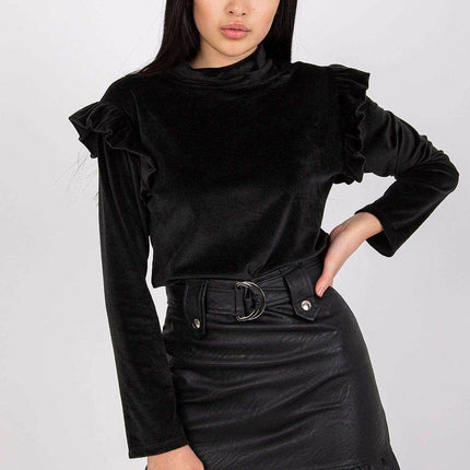Velour Blouse with Stand-Up Collar and Frilled Shoulders - MimiStylez