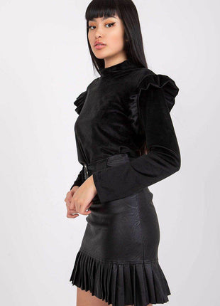 Velour Blouse with Stand-Up Collar and Frilled Shoulders - MimiStylez