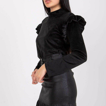 Velour Blouse with Stand-Up Collar and Frilled Shoulders - MimiStylez