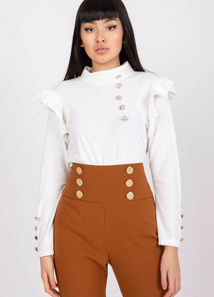 Velour Blouse with Stand-Up Collar and Frilled Shoulders - MimiStylez