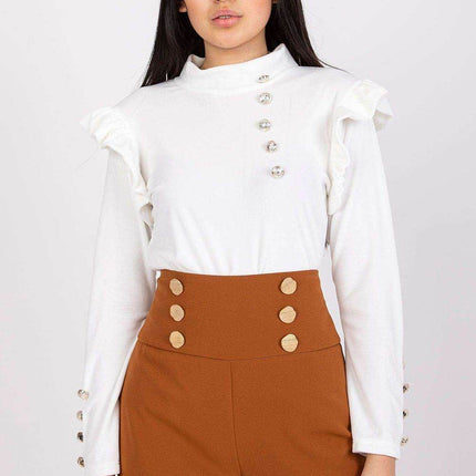 Velour Blouse with Stand-Up Collar and Frilled Shoulders - MimiStylez