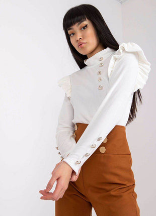 Velour Blouse with Stand-Up Collar and Frilled Shoulders - MimiStylez