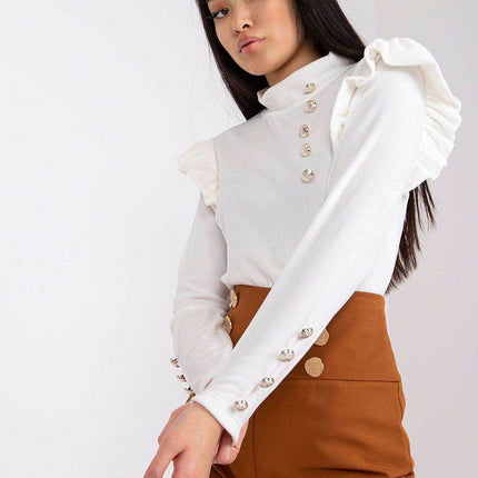 Velour Blouse with Stand-Up Collar and Frilled Shoulders - MimiStylez