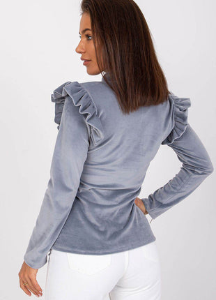 Velour Blouse with Stand-Up Collar and Frilled Shoulders - MimiStylez