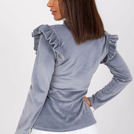 Velour Blouse with Stand-Up Collar and Frilled Shoulders - MimiStylez