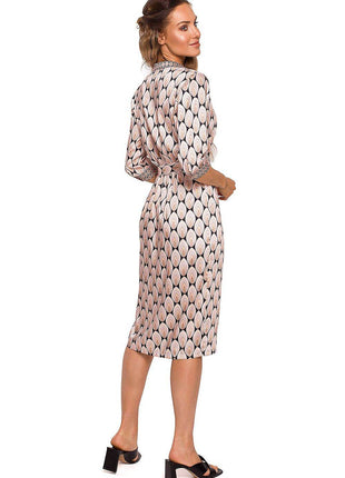 Geometric Print Dress in Shiny Fabric with Belted Waist - MimiStylez