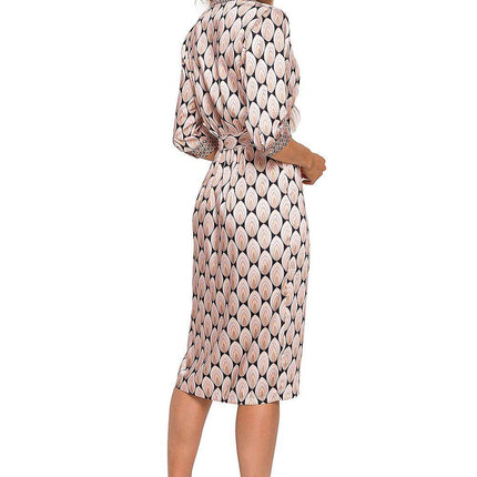 Geometric Print Dress in Shiny Fabric with Belted Waist - MimiStylez