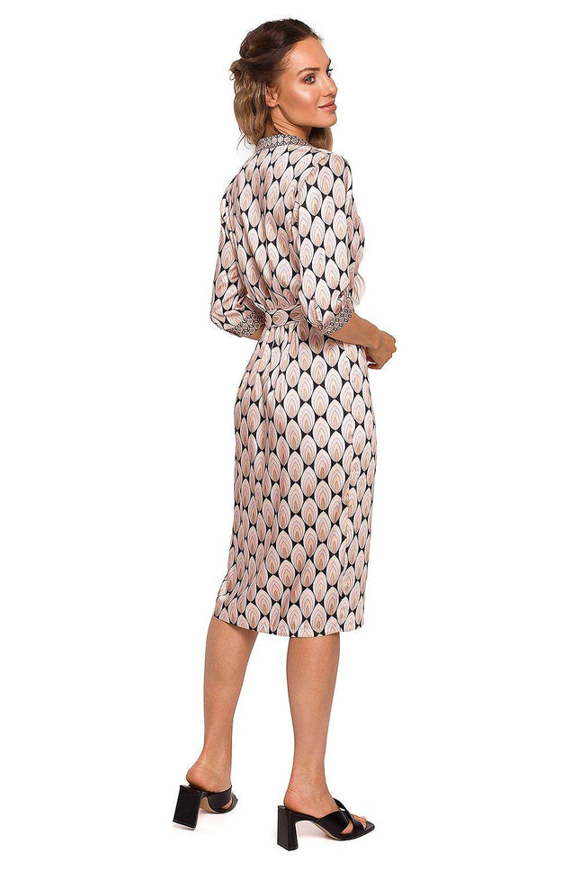 Geometric Print Dress in Shiny Fabric with Belted Waist - MimiStylez